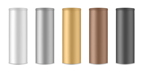 Set of chips tubes. Packaging mockup. White, silver, gold, brown and black containers. Cardboard box with plastic lid. Tall tin canisters