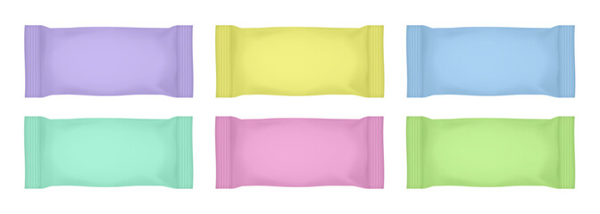 Set of purple, yellow, green, blue and pink flow packs. Chocolate bar or ice cream wrapper. Silver foil bag. Realistic 3d mockup of a cookie snacks. Pouch