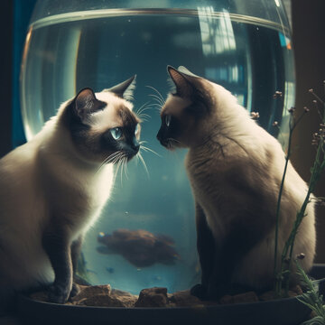 Two mischievous Siamese cats peering curiously into a fish tank - Generative AI