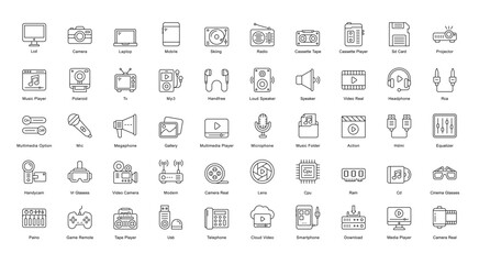 Multimedia Thin Line Icons Camera Movie Music Outline Icons in Black