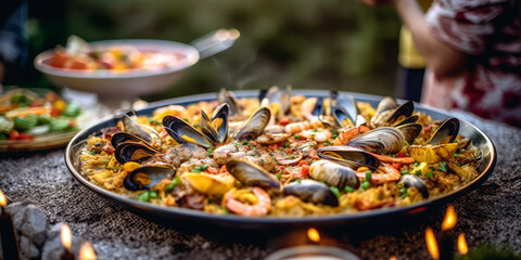 tempting seafood paella, filled with shrimp, clams, mussels, favorite summer meals, Generative AI