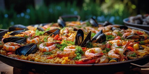 tempting seafood paella, filled with shrimp, clams, mussels, favorite summer meals, Generative AI
