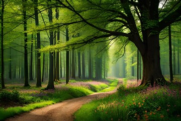 Capture a forest in springtime. The trees should be fresh, green, blooming, cheerful, and lively. Morning time.