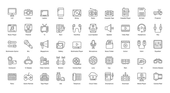 Multimedia Thin Line Icons Camera Movie Music Outline Icons in Black