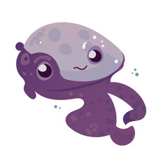 Happy and funny sea cartoon octopus monster swimming and looking on light background. Flat vector illustration for children.