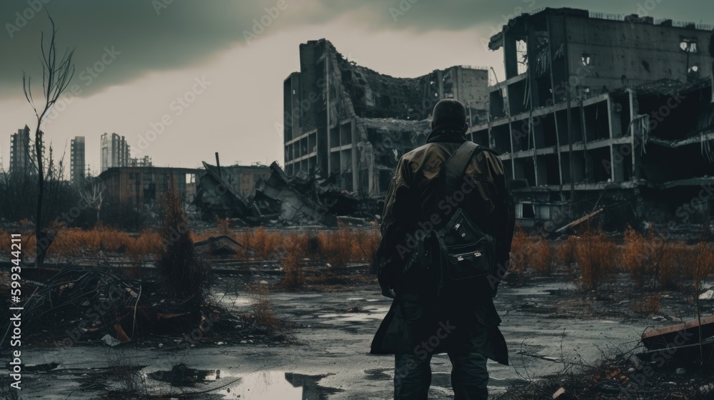 Poster a man standing in front of a destroyed building. ai generative image. surreal dreamlike picture. gen