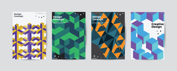 Obraz premium Company identity brochure template collection. Business presentation vector A4 vertical orientation front page mock up set. Corporate report cover abstract geometric illustration design layout bundle.