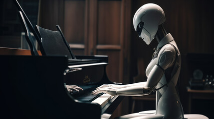 Robot playing piano. Ai with a musical instrument. Futuristic concept technology generative ai.