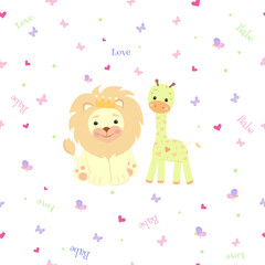 Seamless pattern with a giraffe and lion with words and butterflies,  for babe
