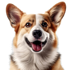 Portrait dog welsh corgi smiling with tongue on a transparent background.