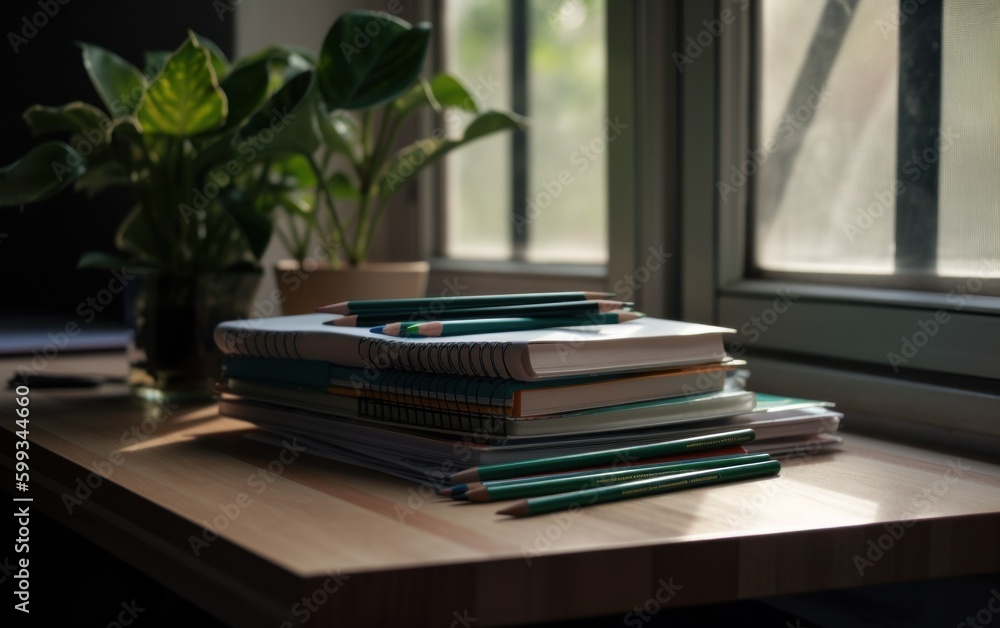 Poster a stack of books sitting on top of a wooden table. ai generative image. generative ai
