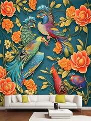 Bring Beauty and Elegance to Your Space with this Exotic Oriental Floral and Peacock Leather Wallpaper