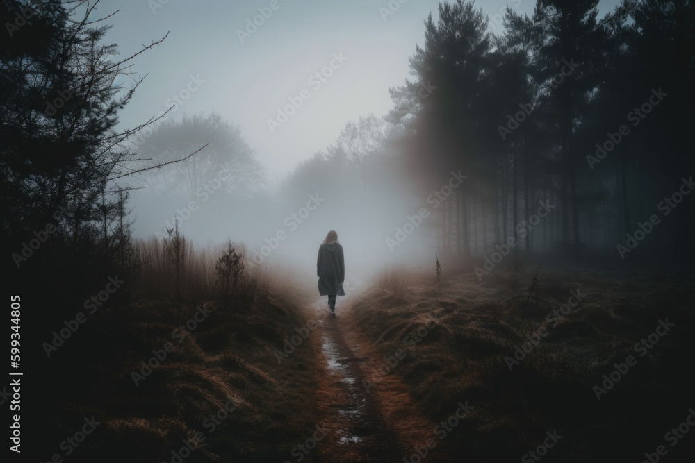 Poster a person walking down a path in the fog. ai generative image. generative ai