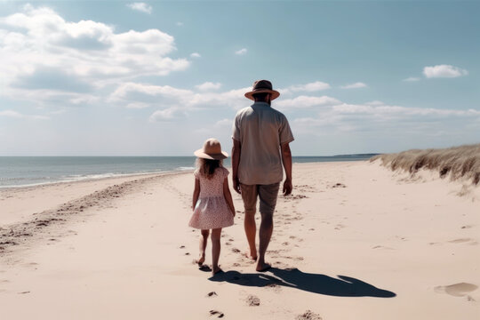 Fathers day. Parent with his little girl hand walking on a sandy beach, by the sea, rear view. Generative AI