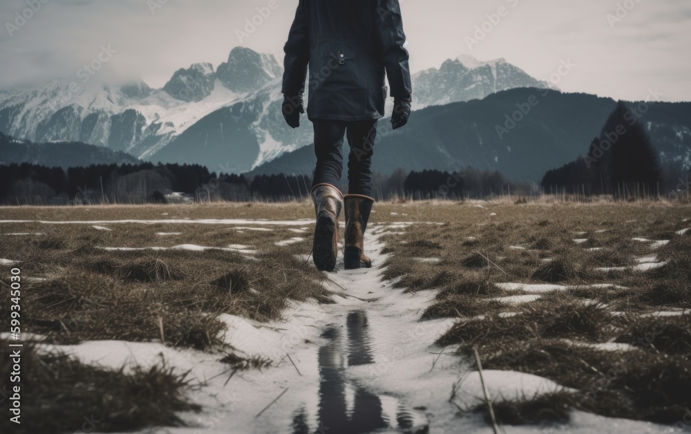 Poster a person walking across a snow covered field. ai generative image. generative ai