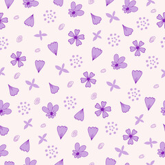 Seamless pattern with leaves and flowers. Hand-drawn lilac cute flowers. Doodle style.