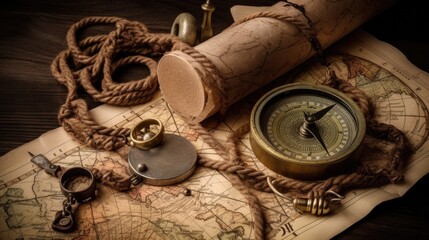 Fototapeta na wymiar Aged treasure map, ruler, rope and old brass compass ,still life Generative AI