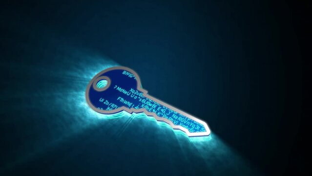 3D blue key glowing shining with blue binary code encryption data, Privacy security protection network encode decode online access concept