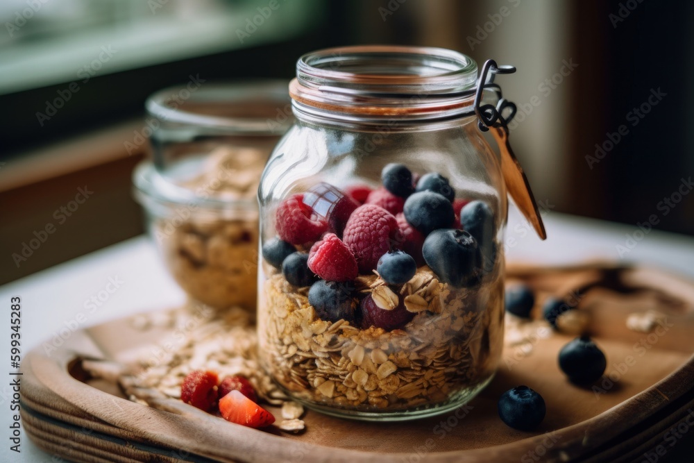 Poster a jar of granola with berries and blueberries. ai generative image. generative ai
