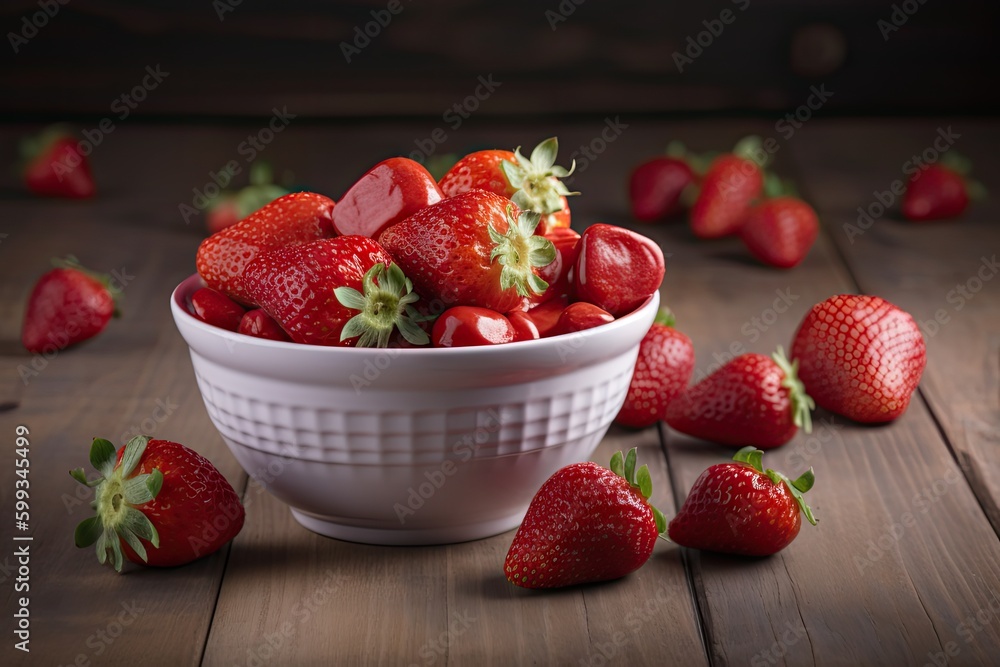 Poster fresh strawberries in a bowl on wooden table with low key scene. created with generative ai technolo