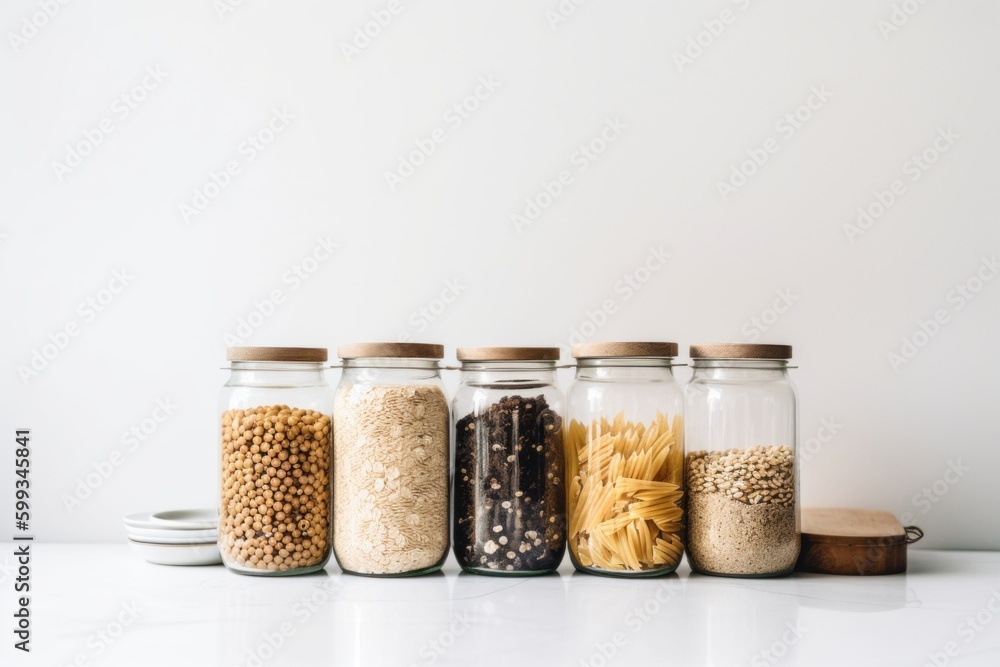 Poster a row of jars filled with different types of food. ai generative image. generative ai