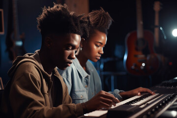Obraz premium Afro-American couple composing music on piano in studio. generative ai
