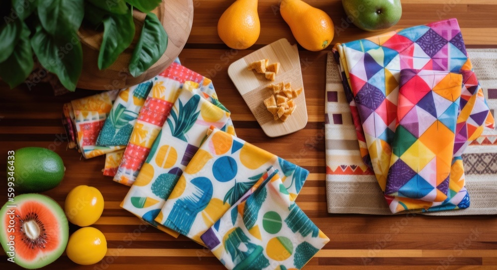 Aufkleber a wooden table topped with fruit and a cutting board. ai generative image. generative ai