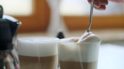 Woman makes coffee latte in geyser coffee maker at home