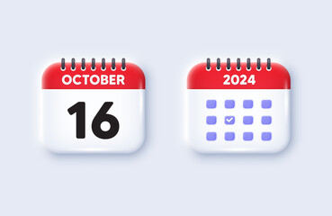 Calendar date 3d icon. 16th day of the month icon. Event schedule date. Meeting appointment time. 16th day of October month. Calendar event reminder date. Vector