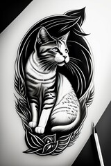 black and white cat on a black background