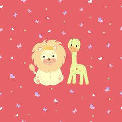 
Seamless pattern with a giraffe and lion with hearts and butterflies,  blue, pink,  for babe
