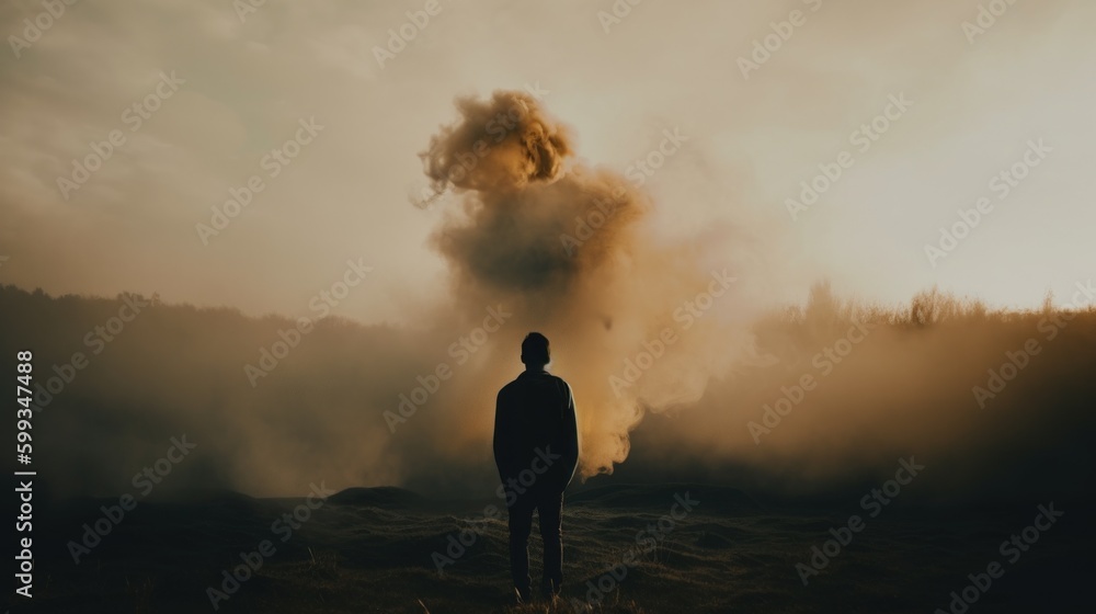 Poster a person standing in front of a cloud of smoke. ai generative image. generative ai