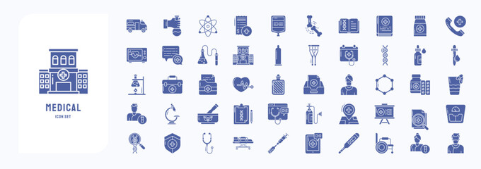 A collection sheet of solid icons for Medical and Hospital, including icons like Ambulance, Atom, Blood, Bone and more