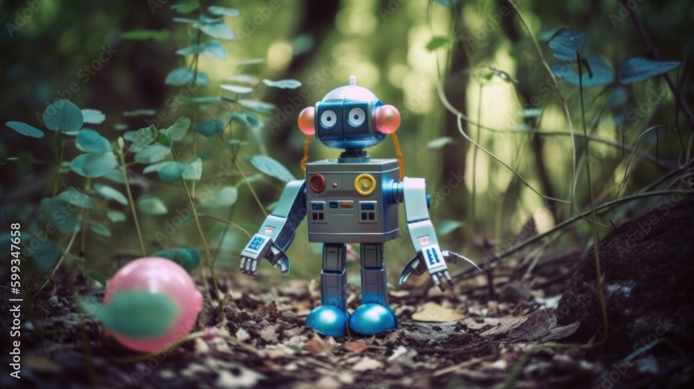 Poster a toy robot standing in the middle of a forest. ai generative image. generative ai