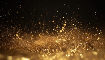 Fototapeta na wymiar Golden flying glitter on black background