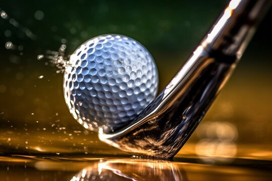 Macro Shot of Golfer's Iron Club Striking Ball, Split-Second Impact, Golfing Action.