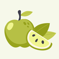 Vector illustration of apple and half of apple on a beige background. Hand-drawn fruits in bright colors. Suitable for illustrating healthy eating, recipes, local farm. Card with apples