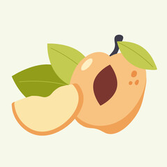 Vector illustration of peach and half of peach on a beige background. Hand-drawn fruits in bright colors. Suitable for illustrating healthy eating, recipes, local farm. Card with peaches