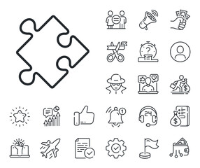 Puzzle symbol. Salaryman, gender equality and alert bell outline icons. Strategy line icon. Logical knowledge sign. Strategy line sign. Spy or profile placeholder icon. Online support, strike. Vector