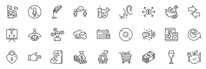 Fototapeta na wymiar Icons pack as Fitness, Money and Love lock line icons for app include Usd currency, Share idea, Floor lamp outline thin icon web set. No microphone, Click hand, Social media pictogram. Vector