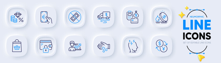 Online buying, Wallet and Cash transit line icons for web app. Pack of Stress, Finance, Money tax pictogram icons. Success business, Corrupt, Payment signs. Currency exchange, Fuel price. Vector