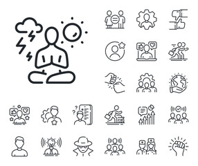 Meditation pose sign. Specialist, doctor and job competition outline icons. Yoga line icon. Relax body and mind symbol. Yoga line sign. Avatar placeholder, spy headshot icon. Strike leader. Vector