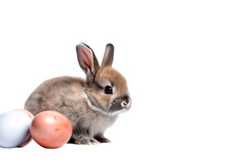 Fototapeta premium an isolated rabbit with eggs, an Easter-themed, photorealistic illustration on a transparent background cutout in PNG. generative ai