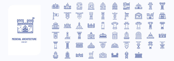 A collection sheet of outline icons for Medieval architecture, including icons like Castle, Corinthian pillar, Fort, Palace and more - obrazy, fototapety, plakaty
