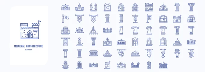 Deurstickers A collection sheet of outline icons for Medieval architecture, including icons like Castle, Corinthian pillar, Fort, Palace and more © Icongeek26