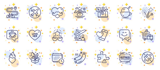 Outline set of Calendar, Coffee and Ice cream line icons for web app. Include Grilled sausage, Passenger, Travel loan pictogram icons. Father day, Smile face, Best glasses signs. Vector