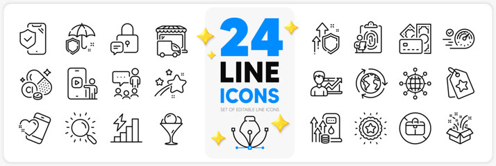 Icons set of People chatting, Speedometer and Umbrella line icons pack for app with Phone insurance, Loyalty tags, Search thin outline icon. Money, No handbag, Lock pictogram. Vector