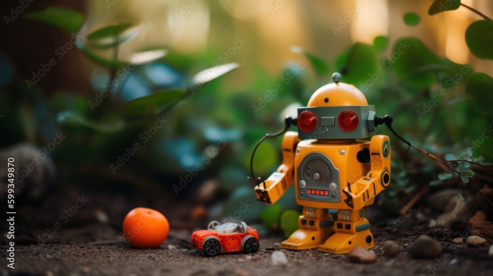 Poster a toy robot next to an orange on the ground. ai generative image. generative ai