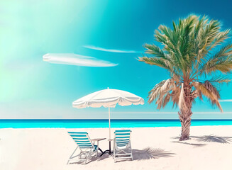 Fototapeta na wymiar Summer rest. Umbrella and two sunbeds by the sea. Vacation by the ocean. Banner. Generative AI