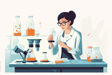 Scientist woman in lab coat and glasses making experiment in chemical laboratory. Vector illustration